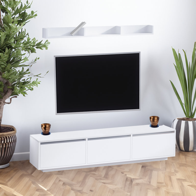 Modern White TV Unit with Wall Shelf, 100% Melamine Coated Particle Board, 70.9 x 13.8 x 11.8 inches | Numerous Shelves, Wall-Mountable Design | Stylish & Functional for Living Room & Entertainment Spaces