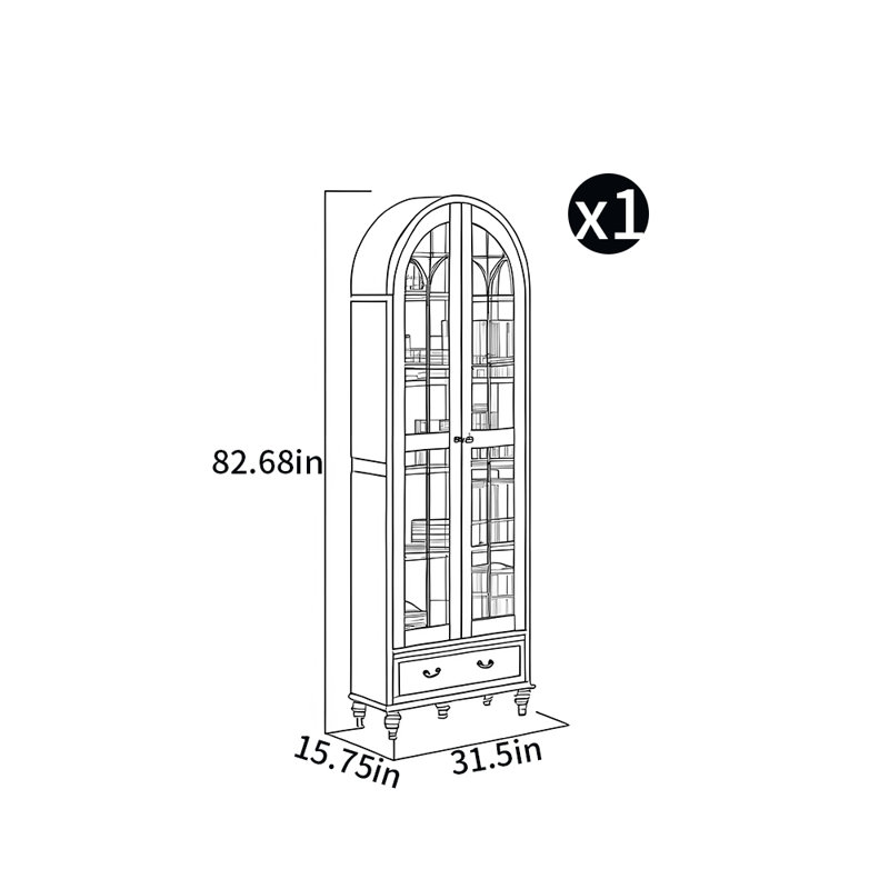 Bibliothèque arquée, (5 tablettes) H 82,68 po x l 31,5 po x P 15,75 po