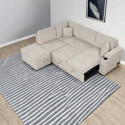 Modern Beige Linen Sleeper Sofas With Storage Ottoman For Compact Living Spaces