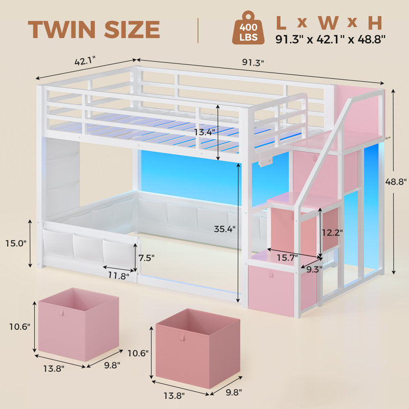 Lit superposé pour enfant avec lumières DEL et station de charge, 22 tiroirs de rangement latéraux 3 tiroirs, Rose