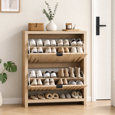 Armoire à chaussures de 31,5 po de couleur chêne, 31,5 po x 9,44 po x 37,4 po, panneau de particules + panneau de fibres à densité moyenne, 1 pièce, armoires