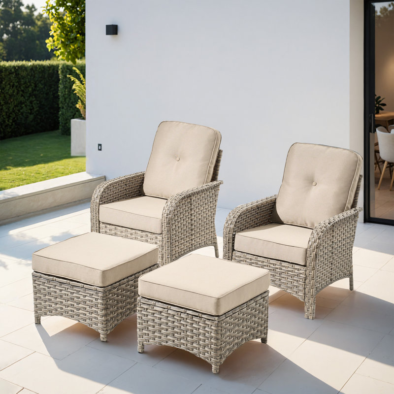 Emroy 2 - Person Outdoor Wicker Chairs with Ottomans, All Weather High Back Rattan Chairs 2-Seater with Comfy Cushions, Beige