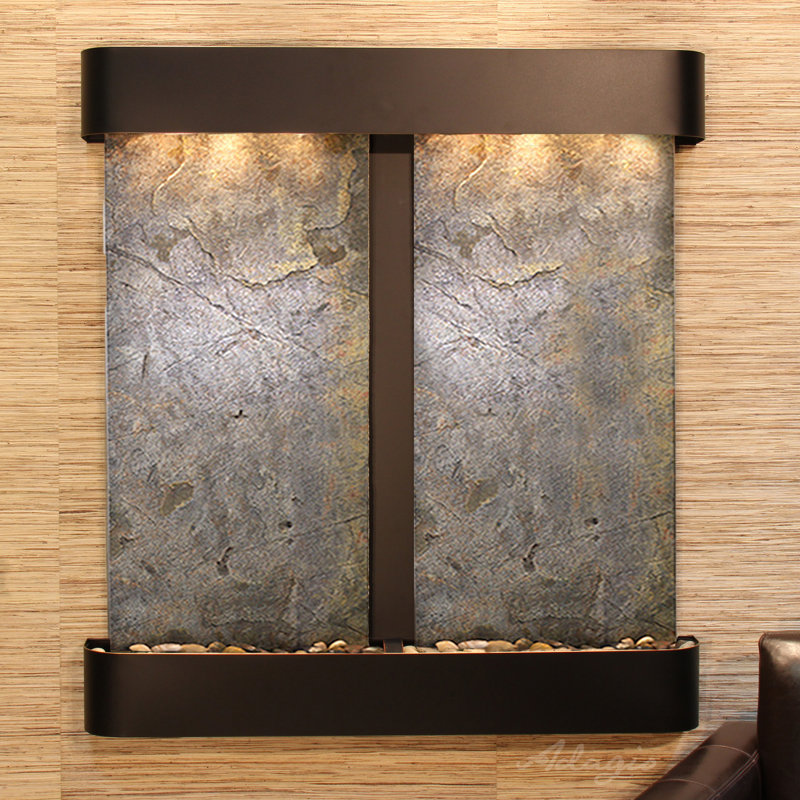 Aspen Falls Natural Stone Fountain with Light, Blackened Copper, Green Feather