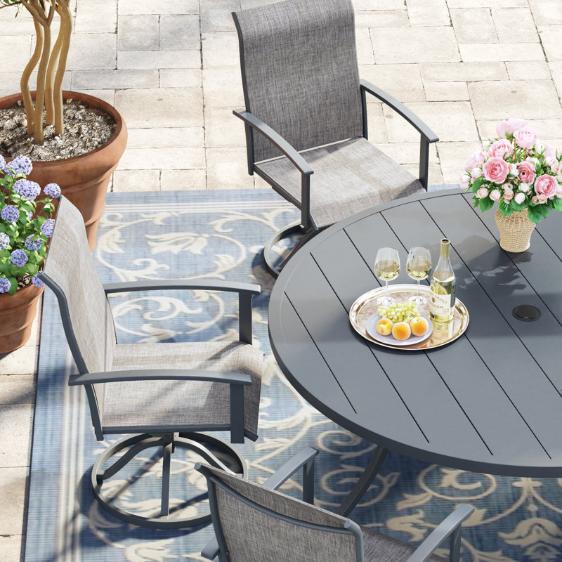 Ensemble de salle à manger de patio rond 6 chaises avec chaises pivotantes en polyester enduit de PVC 360 ° Peroson, Gris