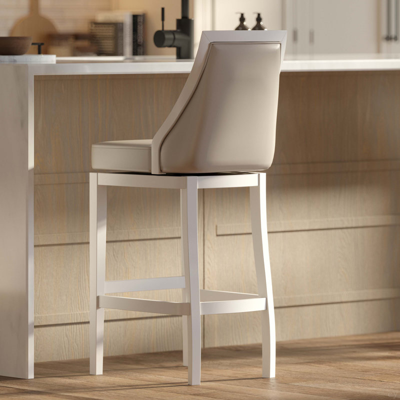 Tabouret de bar à dossier haut, blanc avec siège en similicuir gris