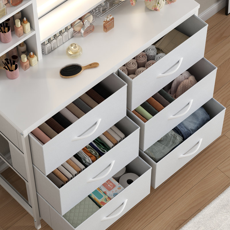 33” W Vanity Desk With Led Mirror, Modern Makeup Table With 6 Large Drawers, Dresser With Mirror For Bedroom, Chest Of Drawers With 3 Storage Shelves, 3 Lighting Modes
