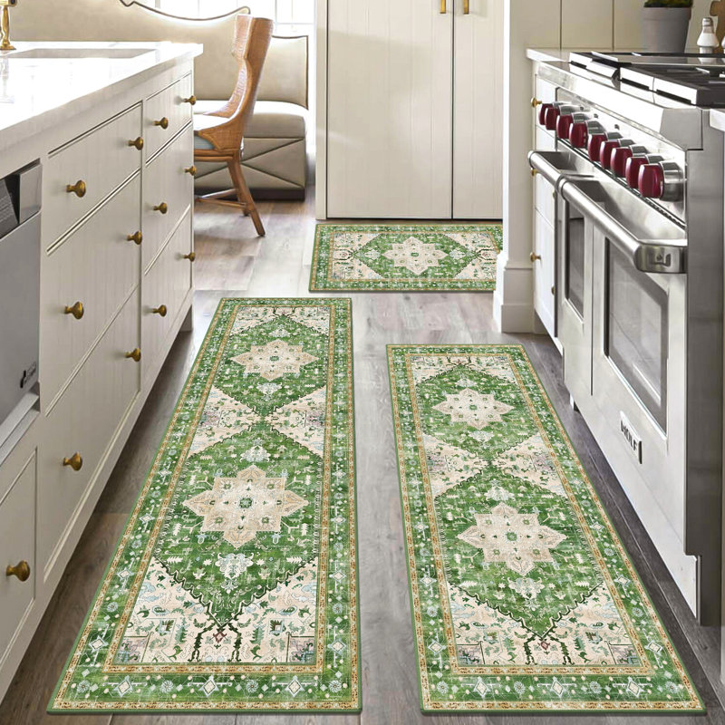 Vintage Washable Non-Slip Kitchen Mat & Runner (Set of 3), Beige/Green