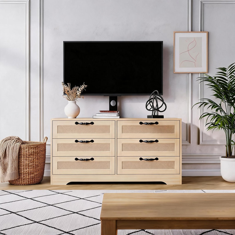 Meuble télé moderne de 47,2 pouces avec 6 tiroirs et support réglable en hauteur pour téléviseurs jusqu'à 65 pouces.