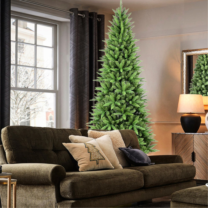 Arbre de Noël de 7,5 pi pour les petits espaces, 1396 branches Pe + réalistes, conception à charnières facile à installer, coins de soutien avec espaces restreints, pointes mixtes, assemblage en métal robuste