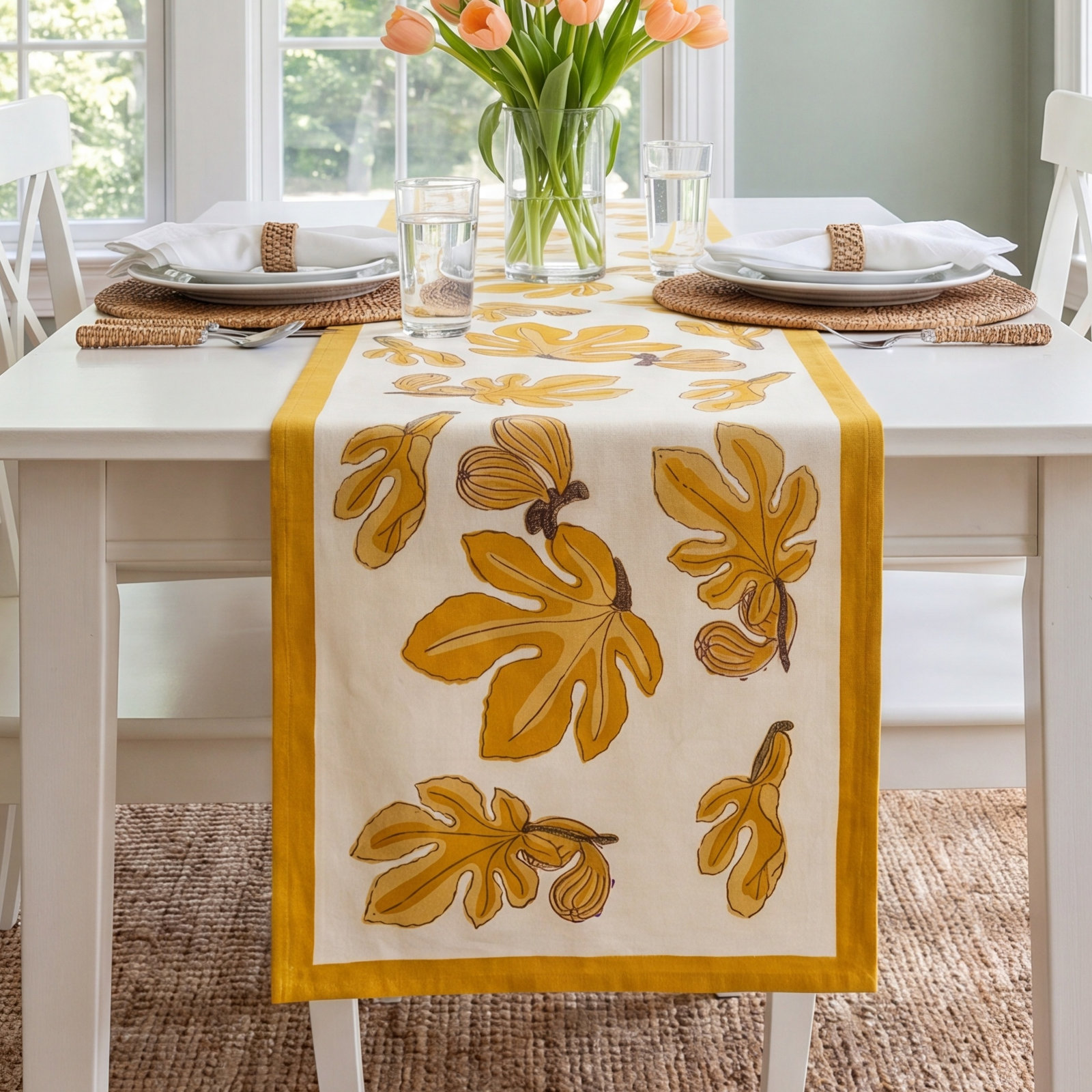 Debarata Floral Table Runnner, 90" x 16", Yellow/White