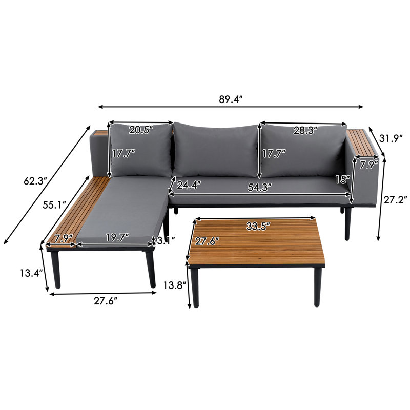 Ensemble de meubles de patio de luxe avec coussins amovibles et table basse pour la cour arrière, Gris
