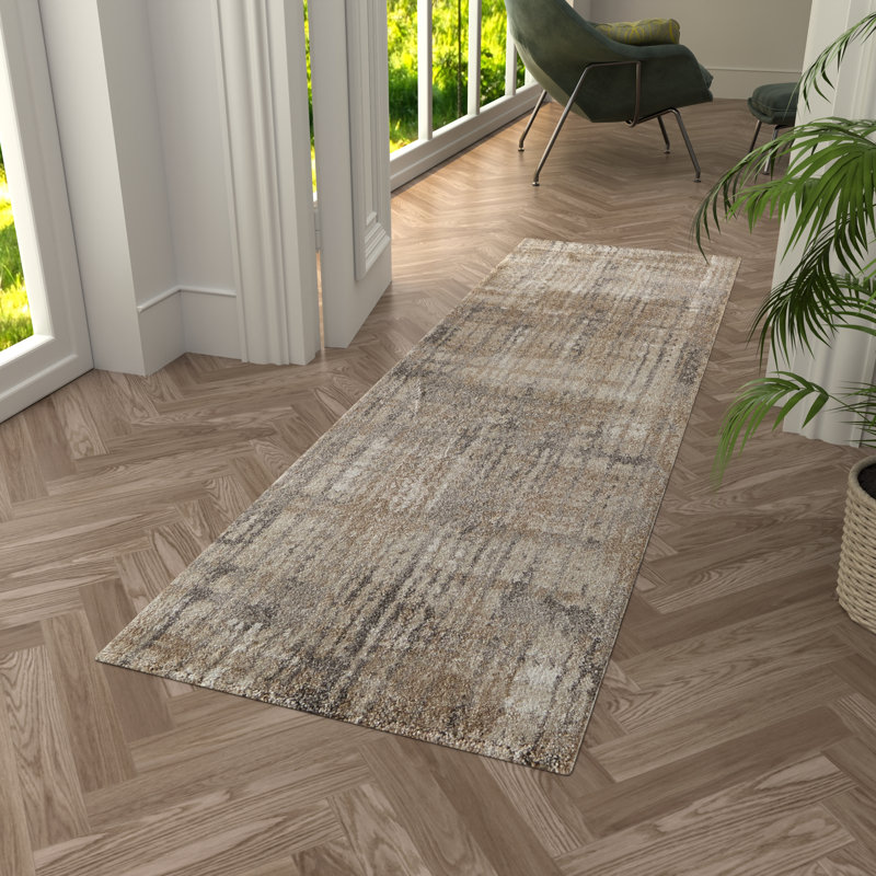Templas moderne abstrait, brun / brun clair / ivoire, Tapis de couloir 2 pi 6 po x 7 pi 3 po
