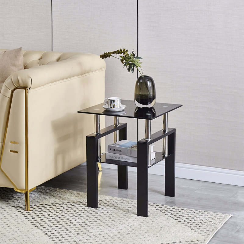 Table de bout en verre trempé noir, table de bout à 2 niveaux avec rangement, 20.47" H x 17.71" W x 17.71" D, Noir, 1