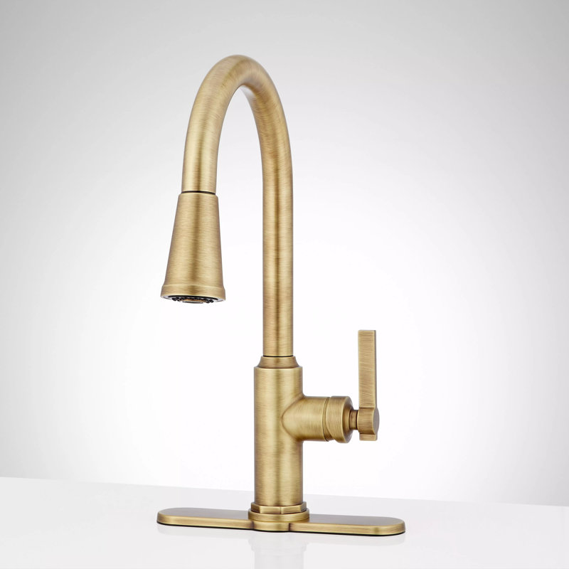 Greyfield 1.8 GPM Single Hole Pull Down Kitchen Faucet, Aged Brass