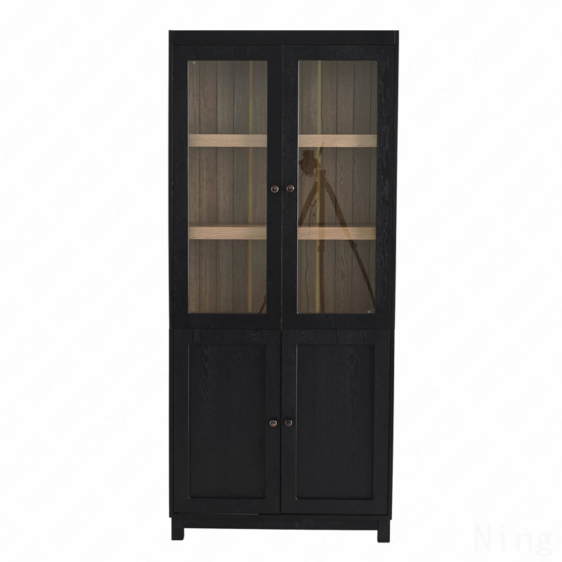 74.5''H Ash Wood Grain Display Cabinet Bookcase With Storage, Glass Doors Pantry With Adjustable Shelves, Mid-Century Modern Curio Cabinet Bookshelf