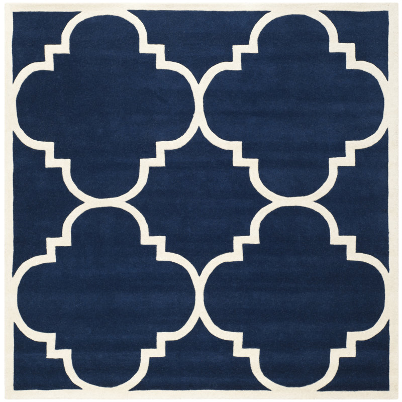 Carolene Geometric Handmade Tufted Wool Dark Blue/Ivory Area Rug, Square 5'