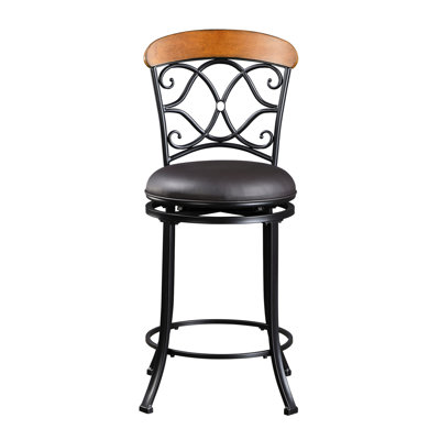 Counter Height Swivel Chair For Dining, Black Metal Frame, Brown Faux Leather Seat, 22lb Weight 360-degree Rotating Chair, Upholstery, Metal, Dining