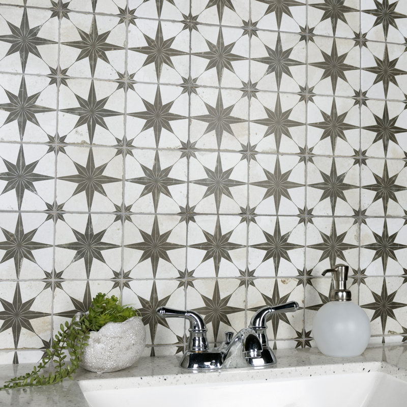 Harmonia 13" x 13" Ceramic Patterned Wall & Floor Tile, White/Black