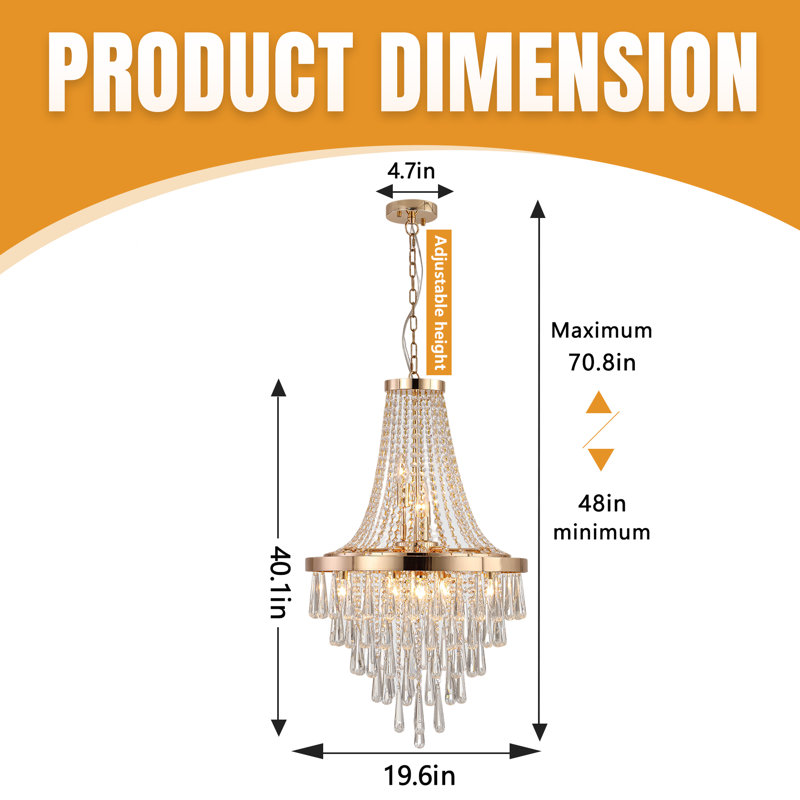 Lustre en cristal 11 lumières, finition dorée ou chromée pour la salle à manger, le salon ou le vestibule (sans ampoules)