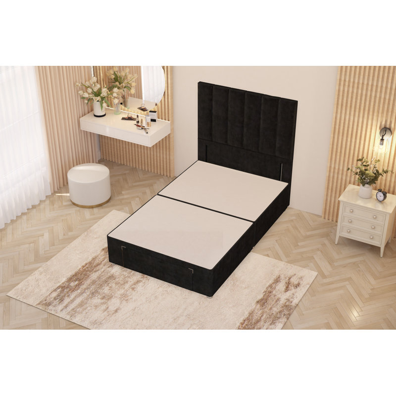 Asterin Divan Bed Base with 54" Floor Standing Headboard Plush Velvet, Black, Small Double (4'), 1 Foot-end Drawers