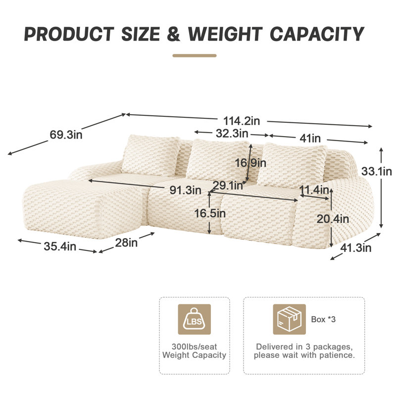 Canapé modulaire de 114 po, canapé-lit moderne désossé, siège profond surdimensionné et confortable à 3 places en forme de L avec repose-pieds mobile pour le salon, revêtement en flanelle, sans assemblage requis, crème