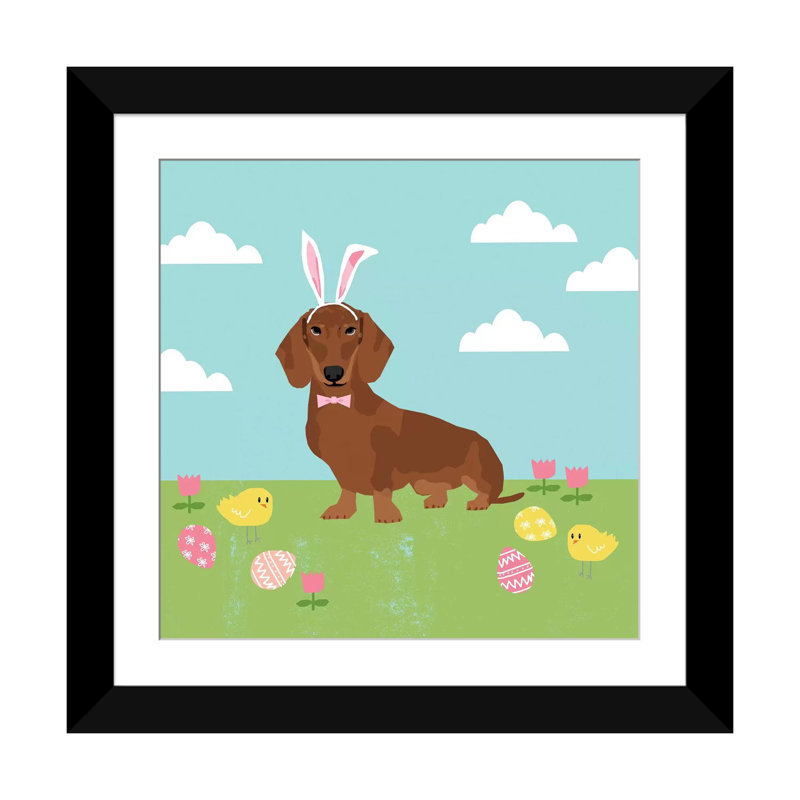 « teckel pâques », reproduction sur toile tendue Pet Friendly, Papier avec cadre noir, Blanc, H 16 po x l 16 po x P 1 po