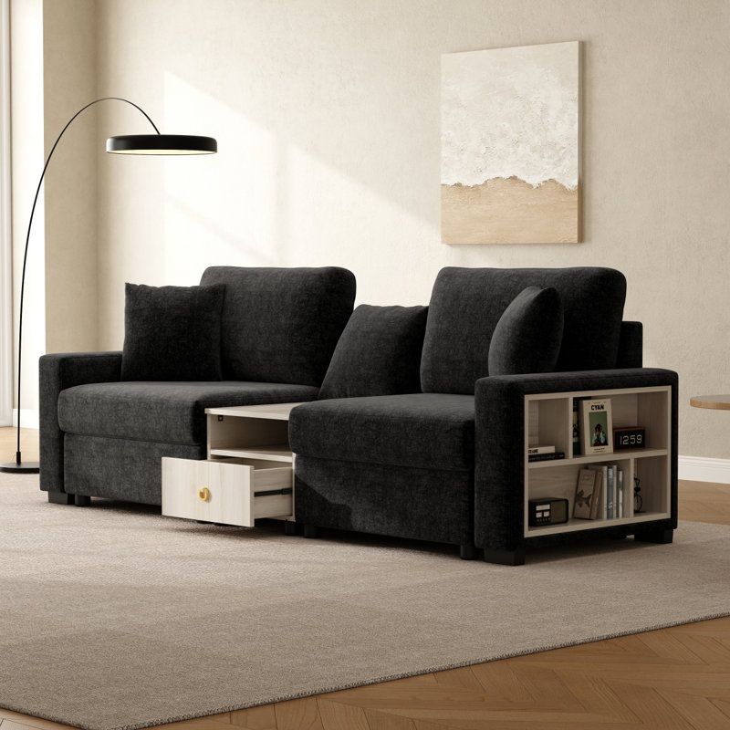Canapé modulaire rembourré 95,7 po avec accoudoirs de rangement et console centrale pour salon Modern, Chenille noir