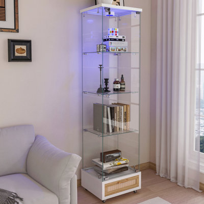 Vitrine, moderne antique, verre, avec étagère de rangement de tiroir, lumières DEL, bibliothèque trempée, 1 porte et 4 tablettes