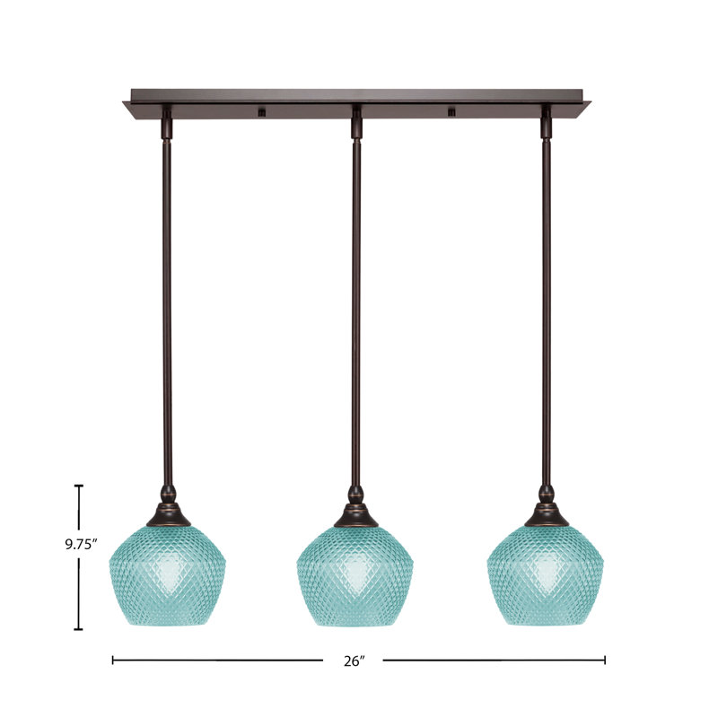 Luminaire suspendu linéaire à 3 lumières 3 lumières avec turquoise texturé 6 ", Bronze huilé, H 7,25 po x l 26 po x P 6 po