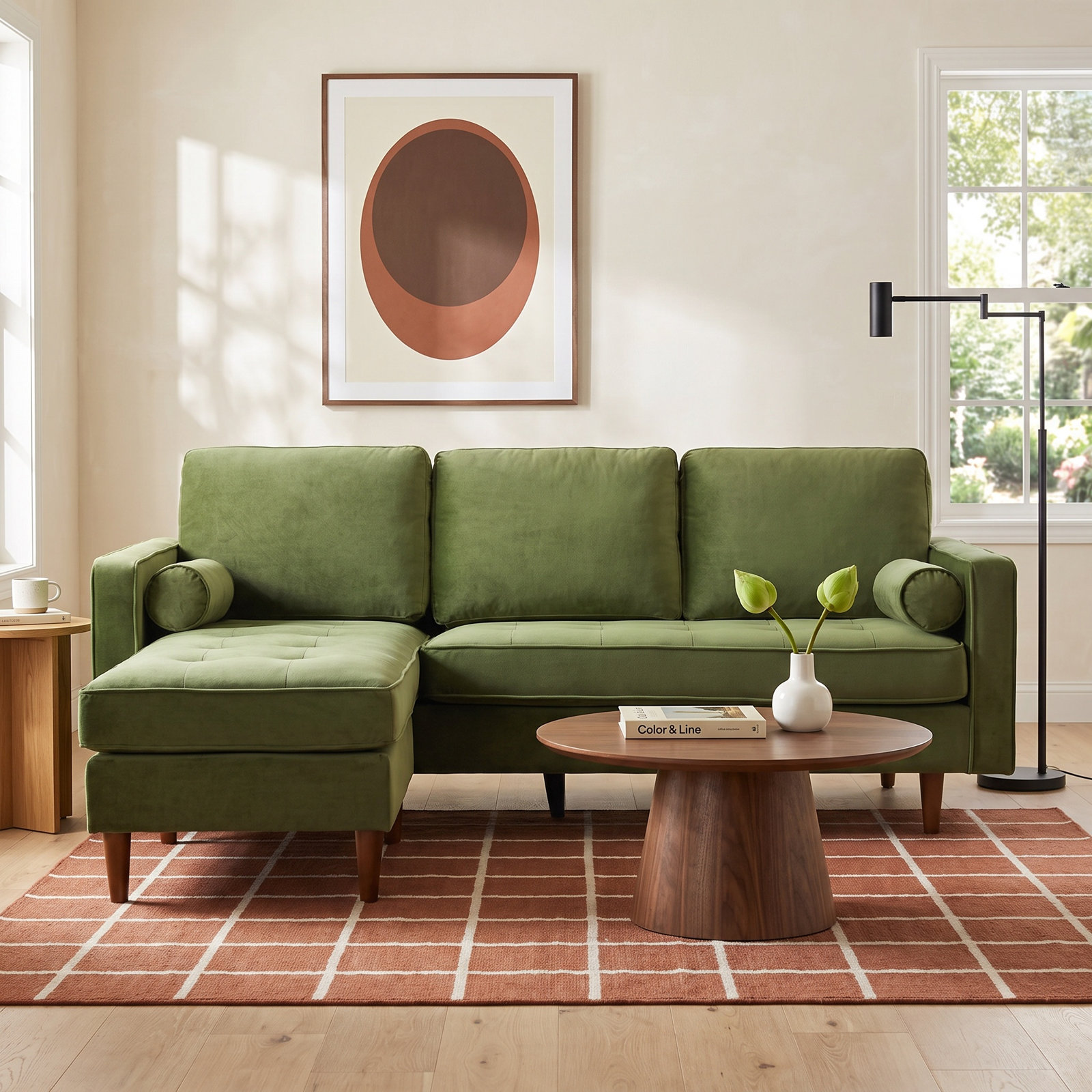 Geo Linen Reversible Sofa and Chaise, Olive Green Velvet