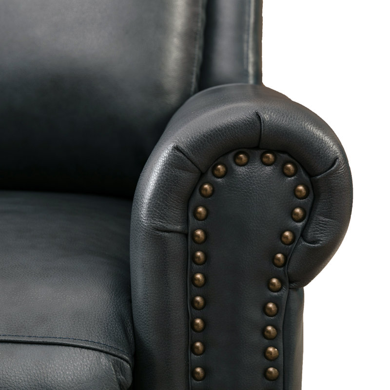 33.5" Wide Classic and Breathable Top Grain Genuine Leather Pushback Recliner, Blue-Gray
