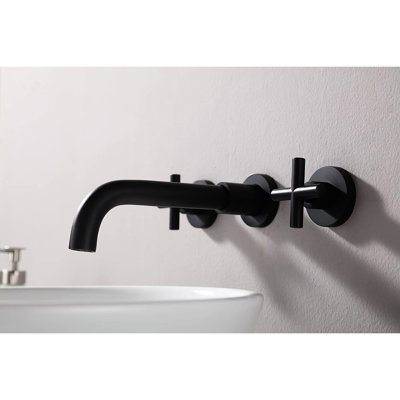 Double Handle Wall Mounted Bathroom Faucet Matte Black - Rust & Corrosion , Scratch Tarnish Spot Finish 1.5 Gpm Flow Rate 8'' Spout Height, 7'' Reach 3'' Centers Includes Deck Plate, Drain Assembly
