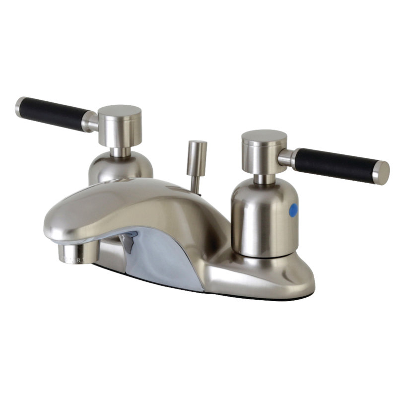 Kingston Brass Kaiser Two-Handle 3-Hole Deck Mount 4" Centerset Bathroom Faucet with Plastic Pop-Up, Brushed Nickel