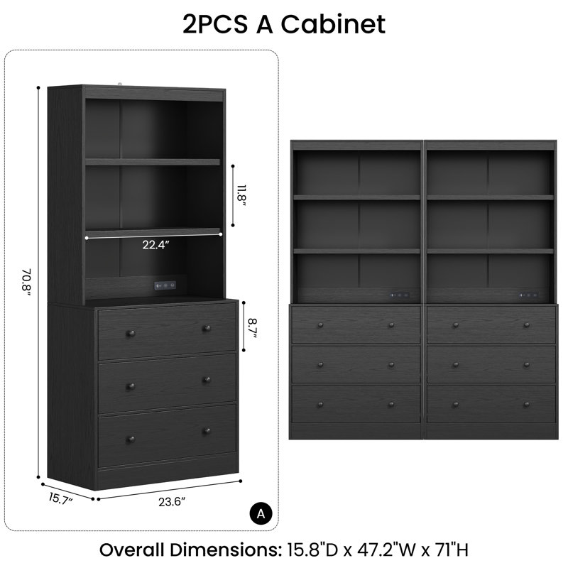 71"H X 47.2"W Book Cabinet Storage Bookcase with USB & Type-C Charging Ports and LED Lights (2A), Black