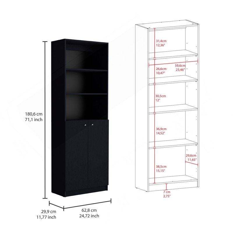 Layton 2 Piece Home Bookcase Set, 49" Wide With 8 Shelves And Double Door Cabinet, Living Room Set Black, Black