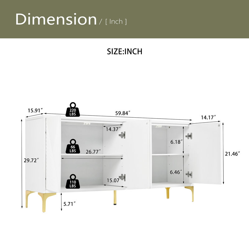 Grand buffet de rangement de style moderne de luxe de L 60 po avec 4 portes et dispositif de rebond pour le salon et le vestibule