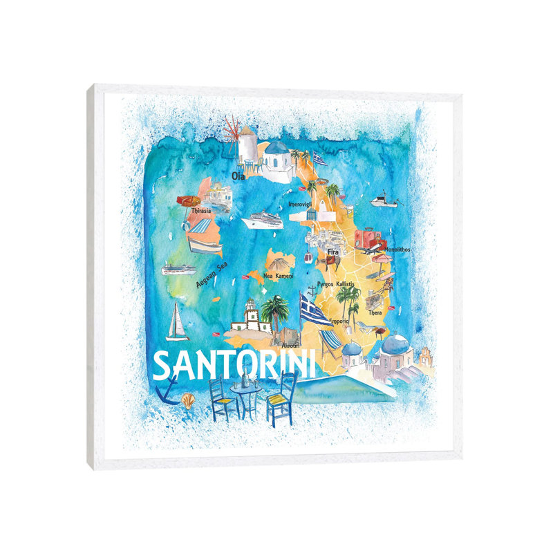 Santorini Greece Illustrated Map With Main Roads Landmarks And Highlights by Markus & Martina Bleichner - Painting on Canvas