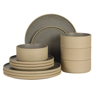 Gibson Elite Villa Amadora - Fabriqué au Portugal - Ensemble de vaisselle 12 pièces pour 4 personnes, ensemble de bols et assiettes en grès moucheté brun clair et gris, ensemble de vaisselle avec assiettes à dîner, assiettes à salade et bols à céréales