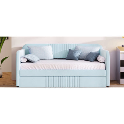 Blue Twin Size Bed Daybed Upholstered With Trundle And Wood Slat, Plywood Construction Space Feature