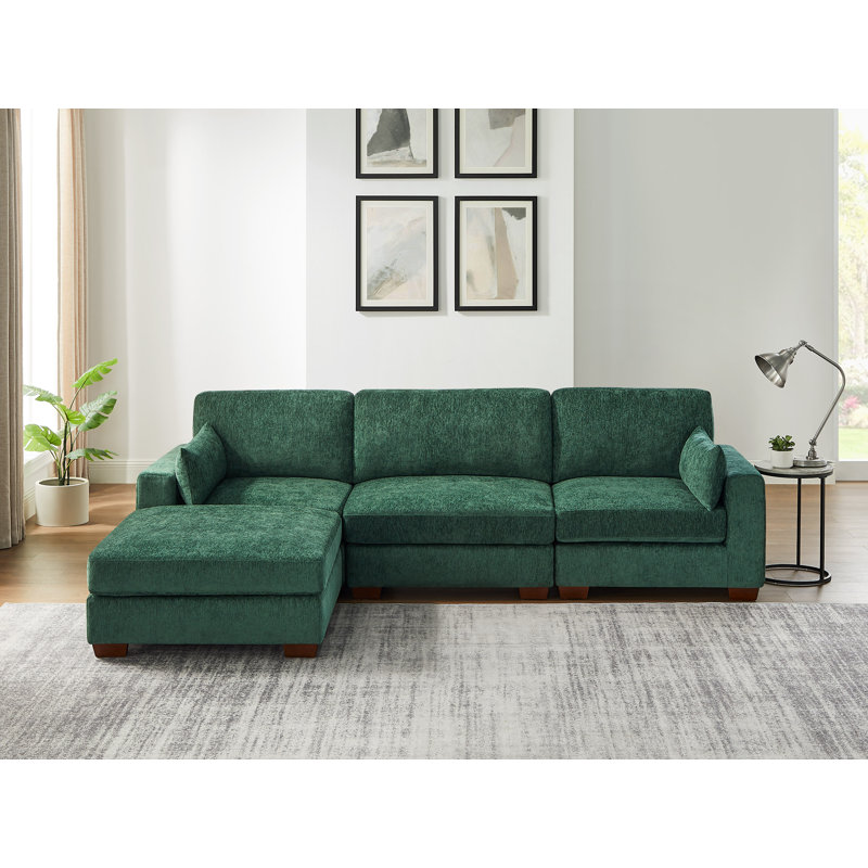 Canapé modulaire rembourré 4 pièces avec 2 ports USB et 1 repose-pieds portatif Chayten, Polyester vert