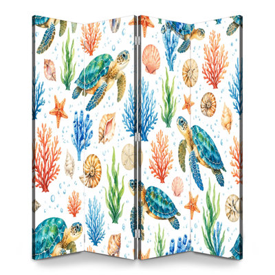 4 panneaux de paravents pliables, tortues de mer, corail, coquillages, vie marine, aquarelle, écran, toile, séparateur de pièce, cloison de protection autoportante, cloison d'intimité pour salle de bain