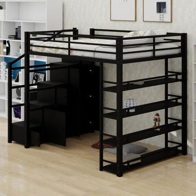 Loft Bed with Storage Shelves, Cabinets and Built-in Wardrobe
