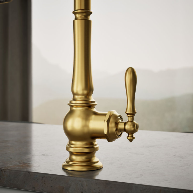 Artifacts® Pull Down Single Handle Kitchen Faucet, Vibrant Brushed Moderne Brass