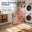 Étendoir à linge pliable sans montage, à largeur extensible, autoportant grâce à sa structure en X, idéal pour un gain d'espace à l'intérieur comme à l'extérieur.