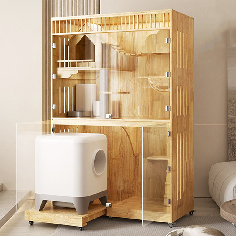 Cat House with Remote-Controlled Light and Automatic Litter Box Pull-Out Tray