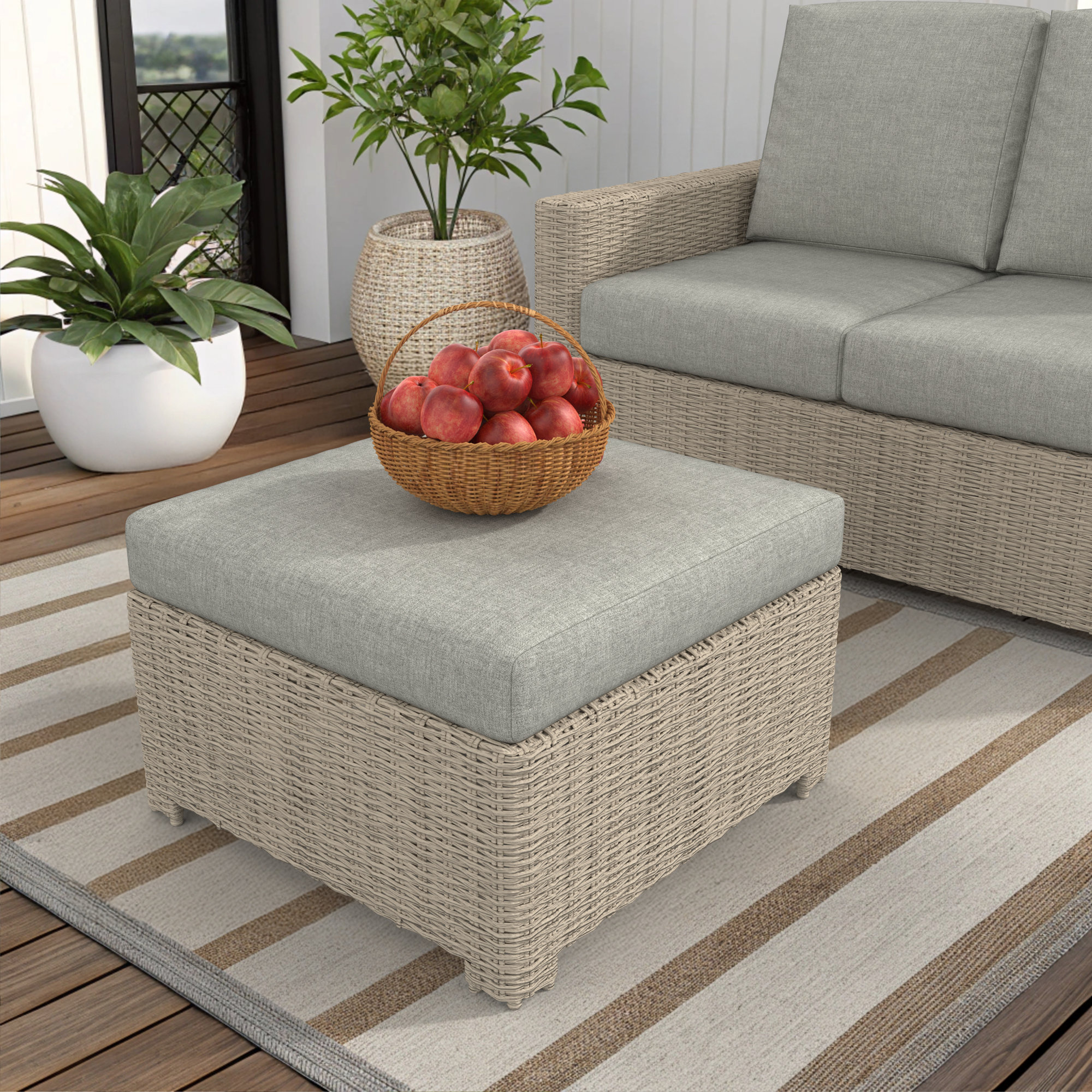 Outdoor Ottoman With Sunbrella Cushions, Canvas Granite