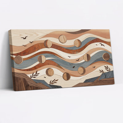 Tableau sur toile avec marqueterie de bois représentant un paysage aux phases de la lune et des oiseaux