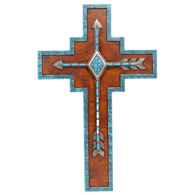 Pendentif flèche en polyrésine sur une croix murale orange et sud-ouest turquoise