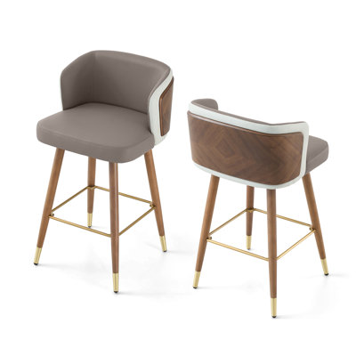 ARTPLAN Bar Stools Set of 2 for Counter Height 34 Inch - Modern Retro Style with Leather Seat & Walnut Wood Frame, Bar Chairs for Kitchen Island, Home Bar, Dining Counter,Gray