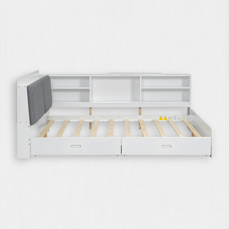 Lit plateforme double avec tête de lit à rangement, Blanc / gris